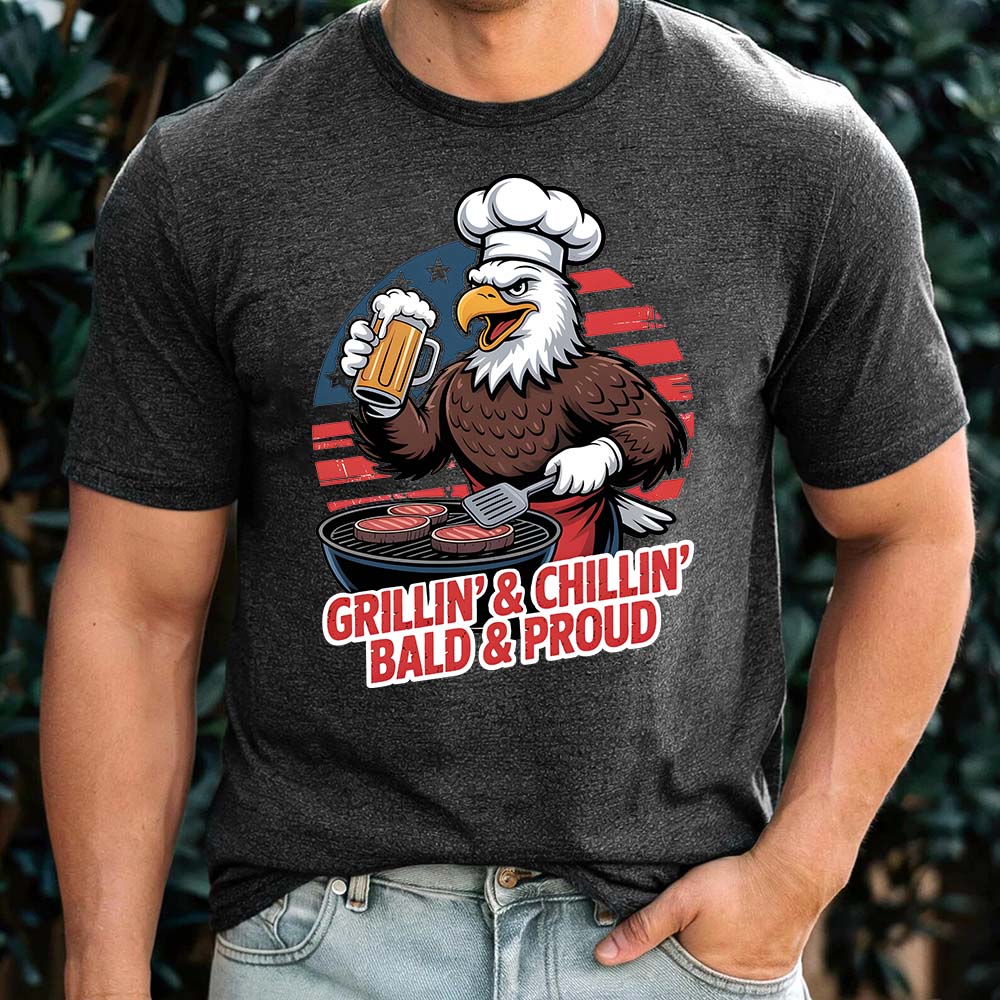 Grillin’ & Chillin’, Bald & Proud T-Shirt – Patriotic Bald Eagle BBQ Vintage Tee Adorb.co